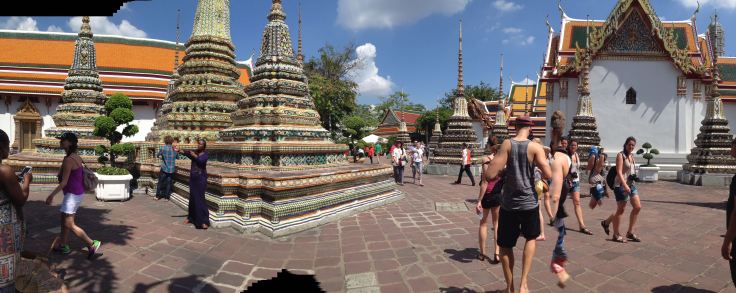 Temple area with ornate tiled roofs, complete with tourists.