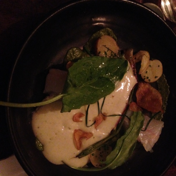 Gift from the chef: Very lightly smoked haddock, potatoes and fresh sorrel with cultured cream. Dreamy.