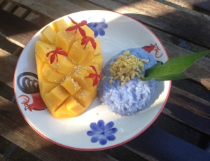 Mango with sticky rice, which is sweeter with coconut cream and colored with iris flowers, as prepared in the Thai Farm School Cooking class. Not as pretty on the street, but just as good.